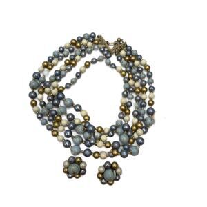 Vintage Blue Gold 5-Strand Bead Necklace and Clip on Earring Set